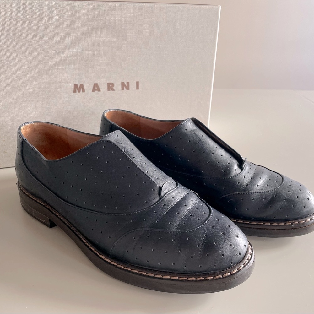 Marni Navy Perforated Leather Slip-On Loafers